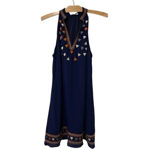 THML | Dress Embroidered Navy Sleeveless V Neck Shift Lined- Size Medium